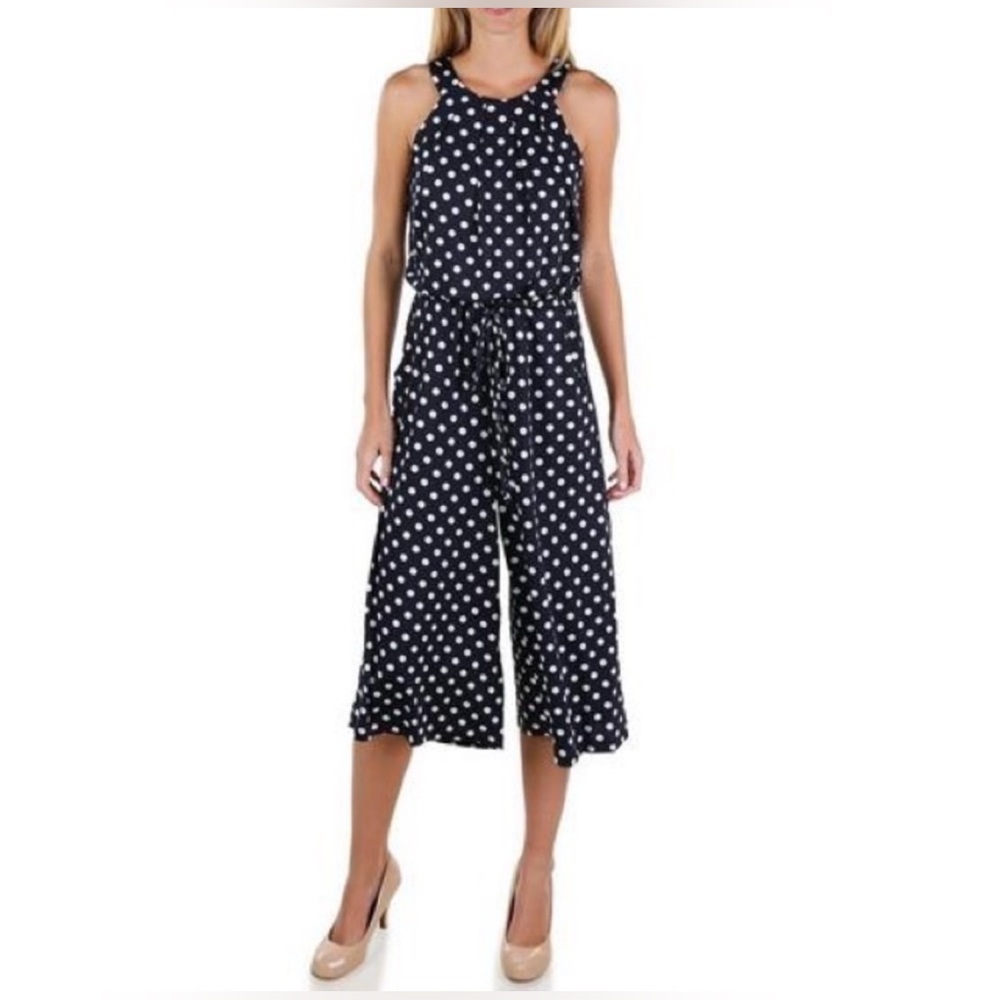 (B4) Emma & Michele Black White Polka Dot Halter Jumpsuit‎ Wide Leg Medium